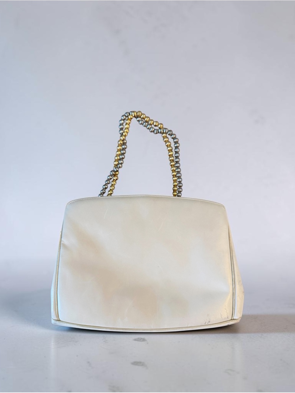 Koret Vintage Cream Leather Handbag Two-Tone Gold Silver Bead Chain Handle